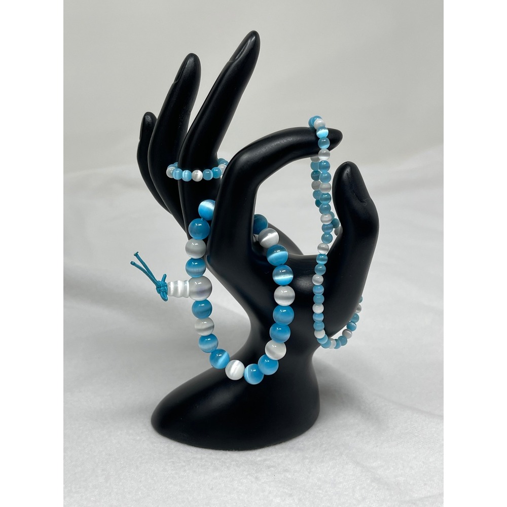 Avon Womens Glass Cat's Eye Power Bead Jewelry Set OS Aqua Blue Vintage